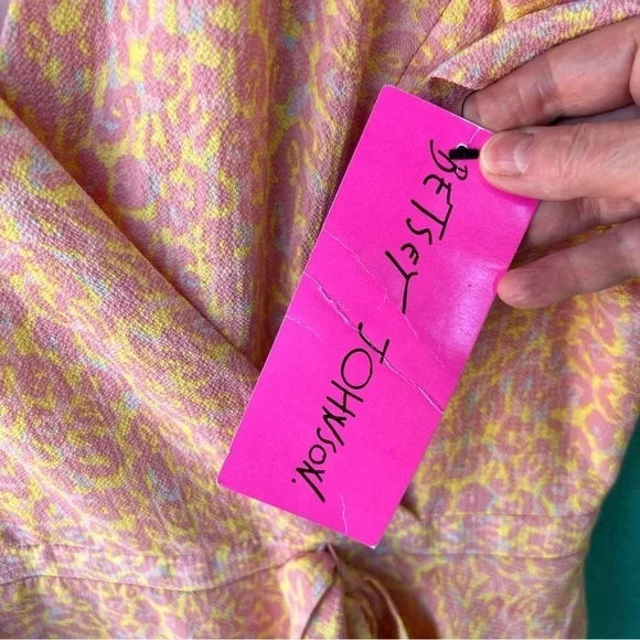 BETSEY JOHNSON SOFT PINK YELLOW FAUX WRAP RUFFLE MINI DRESS SIZE 8 NWT - Picture 6 of 11